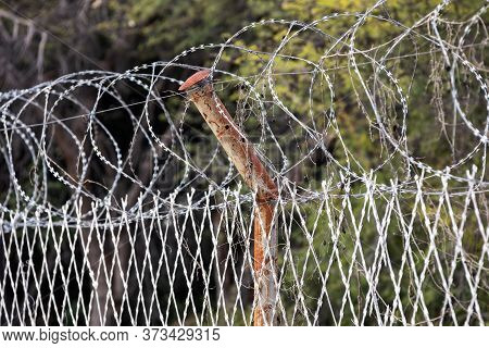 Restricted Area Barbed Fence, Security Concept, Anti-migrant Razor Wire On The Border.south Africa P
