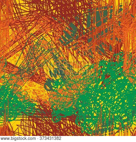 Abstract Chaotic Seamless Pattern Of Shabby Sloppy Pen Strokes. Urban Autumn Camouflage Texture. Tre