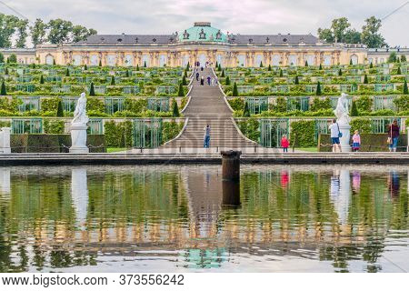 Potsdam, Germany - August 14, 2017: Weinbergterrassen Terraces And Sanssouci Palace In Potsdam, Germ
