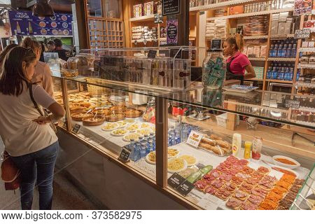 Madrid, Spain - October 21, 2017: Food Stall In Mercado De San Miguel Market In Madrid.