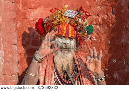 Kathmandu, Nepal : October-18-2018 : Portrait Of Happiness Sadhu (yogi Or Holy Man) In Pashupatinath
