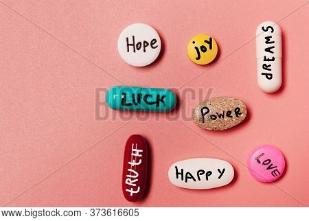 Concept Of Creative Pills, A Placebo With Joy, Love, Happiness, Truth, Power, Dream