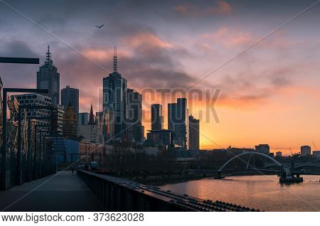Melbourne, Australia - June 18, 2017: Melbourne Cityscape At Sunrise With Melbourne Cbd Skyscrapers 
