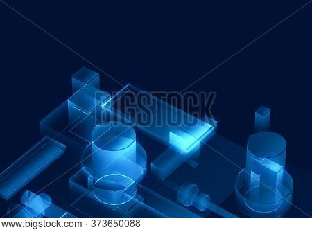Cyber Blue Isometric Neon City Virtual Reality Background. Abstract Technology Innovation Future Dig