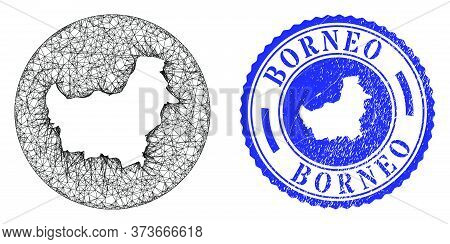 Mesh Stencil Round Borneo Map And Scratched Stamp. Borneo Map Is Stencil In A Round Stamp. Web Mesh 