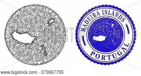 Mesh Hole Round Madeira Islands Map And Grunge Seal Stamp. Madeira Islands Map Is A Hole In A Round 