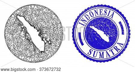 Mesh Hole Round Sumatra Map And Grunge Seal Stamp. Sumatra Map Is A Hole In A Round Seal. Web Networ