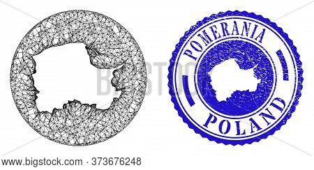 Mesh Subtracted Round Pomeranian Voivodeship Map And Grunge Stamp. Pomeranian Voivodeship Map Is Car