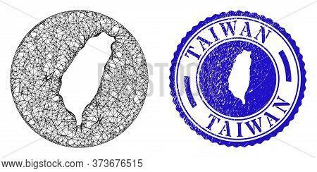 Mesh Hole Round Taiwan Map And Scratched Seal Stamp. Taiwan Map Is Stencil In A Round Seal. Web Mesh