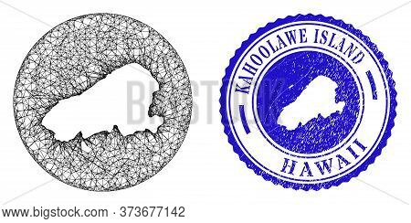 Mesh Stencil Round Kahoolawe Island Map And Scratched Seal Stamp. Kahoolawe Island Map Is Stencil In