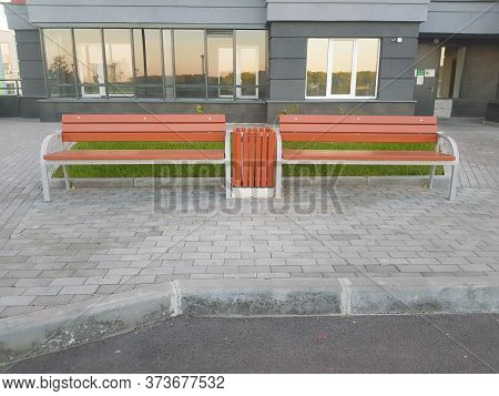 Two Benches On The Street, Urn, Urban Landscape