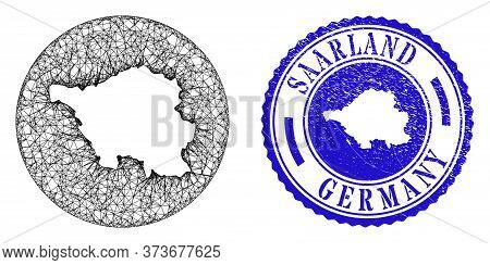 Mesh Stencil Round Saarland Land Map And Scratched Stamp. Saarland Land Map Is Stencil In A Circle S