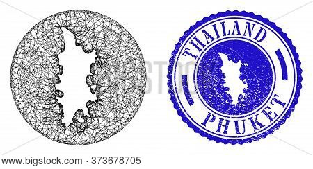 Mesh Inverted Round Phuket Map And Grunge Seal Stamp. Phuket Map Is Subtracted From A Round Stamp Se