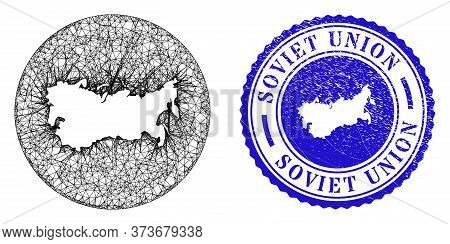 Mesh Subtracted Round Soviet Union Map And Scratched Stamp. Soviet Union Map Is Stencil In A Circle 