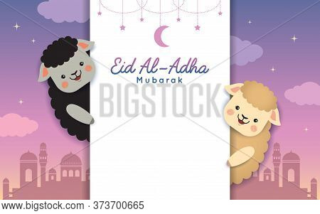 Eid Al Adha Mubarak Template Or Copy Space. Cute Cartoon Black Sheep And White Sheep With Mosque. Fe