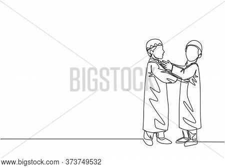 Ramadan Kareem Greeting Card, Banner And Poster Design Background. One Continuous Line Drawing Of Tw