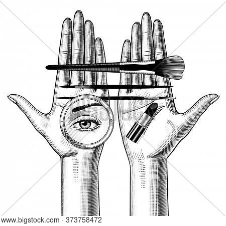 Female hands with makeup brushes, round mirror with aye reflection, and lipstick. Vintage engraving stylized drawing