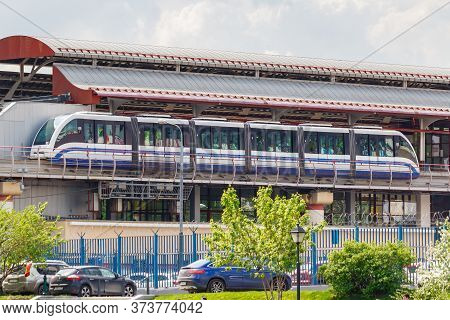 Moscow, Russia - May 12, 2019: Train Of Moscow Monorail On Telecentre Station In Sunny Spring Day