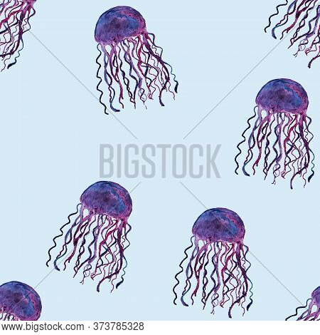 Violet Jellyfish Seamless Watercolor Lihgt Blue Background. Marine Style. Wildlife. Watercolor Illus