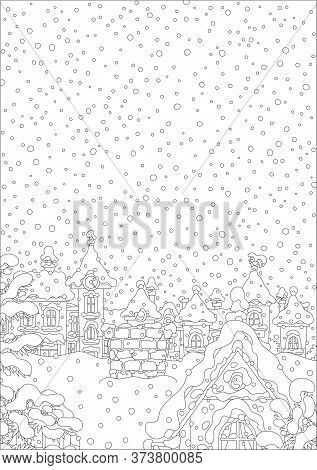 Winter Background With A Bricky Chimney On A Snow-covered Rooftop Of An Old House In A Small Town On