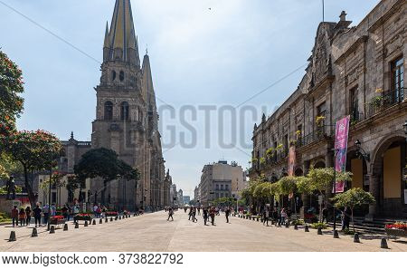 Guadalajara, Jalisco, Mexico - November 23, 2019: The View Down Fray Antonio Alcalde Avenue, With Th