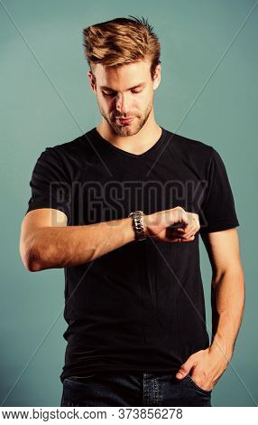 Expensive Luxury Accessory. Confident Macho Luxurious Watch Blue Background. Watches Are Convenient.
