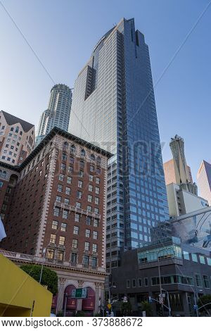 Los Angeles, California, Usa- 11 June 2015: Modern And Historic Tall Buildings Around Pershing Squar