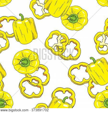 Bell Pepper Seamless Pattern. Tasty Yellow Vegetables Stock Vector Illustration. Hand Drawn Cartoon 