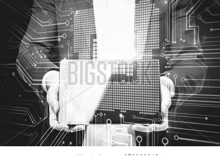 Businessman Using Tablet With Circuit Hologram. Technology And Computing Concept. Double Exposure