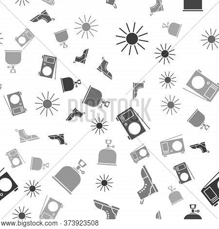 Set Sun, Hiking Boot, Radio With Antenna And Camping Gas Stove On Seamless Pattern. Vector