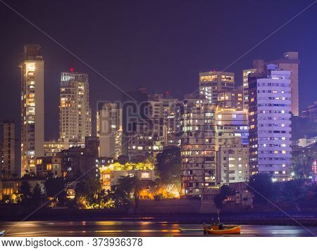 Mumbai Night Skyline View From Marine Drive In Mumbai, India.