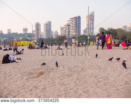 Mumbai, India - December 17, 2018: Evening Mumbai, Chowpatty Beach At Sunset.
