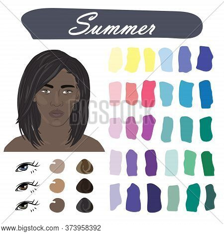 Stock Vector Color Guide. Seasonal Color Analysis Palette For Summer Type Of Female Appearance. Face