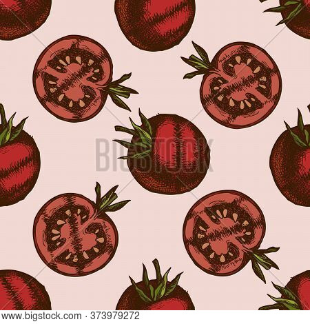 Seamless Pattern With Hand Drawn Colored Grilled Tomato Stock Illustration