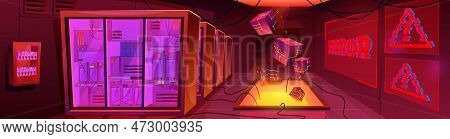 Error In Computer Data Center Warehouse. Tech Server Room Interior Cartoon Vector Background. Databa