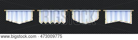 White Horizontal Pennant Mockup, Empty Medieval Flag Vector Banner. Realistic Blank Team Textile Sig