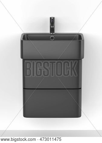 Black Wall-hung Wash Basin Cabinet And Faucet On White Wall, 3d Illustration
