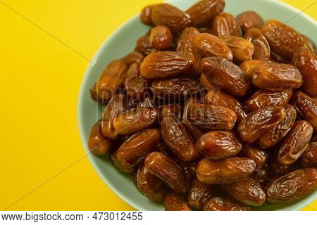 Dates. Dried Date Palm Fruits. Healthy Sweet Snack Food Bowl. Pile Of Tasty Dry Dattes In Plate. Dat