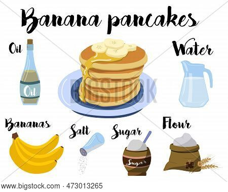 Kitchen Poster With A Recipe For Cooking Banana Pancakes. Recipe Without Eggs. Vector