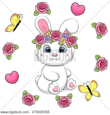 A Cute Cartoon White Rabbit In A Flower Wreath Sits In A Roses Frame. Spring Animal Vector Illustrat