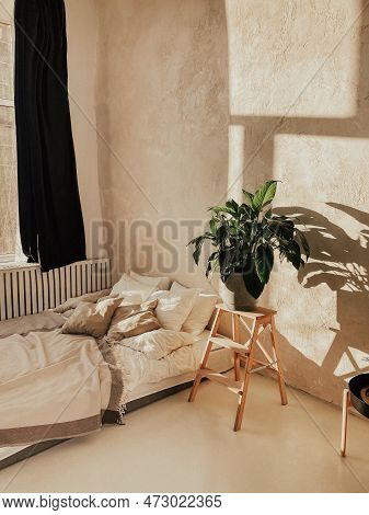 Sunny Bedroom With Bed And Big Flower Next To It. Light Bedding And Lots Of Pillows. Plant Pot Stand
