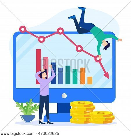 Flat Style Vector Illustration. Management Fails To Make A Profit, Businessmen Sad Around, Business 