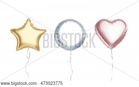 Blank Colored Round, Star, Heart Balloon Flying Mockup, Isolated, 3d Rendering. Empty Yellow, Blue A