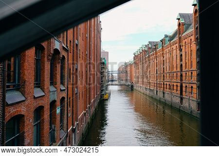 Cityscape Of Sandtorhafen Canal, Hamburg Speicherstadt And Hafencity