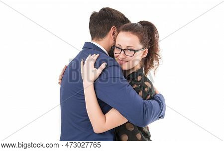 Love Has Place In Business. Couple In Love Isolated On White. Businessman Hug Sexy Woman. Love Affai