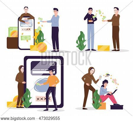Internet Fraud And Scam. Online Hackers At Phishing, Cyber Crime, Theft Of Personal Data, Password, 