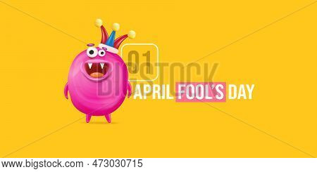 April Fools Day Funky Horizontal Banner With Silly Pink Clown Monster Character Isolated On Orange B