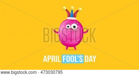 April Fools Day Funky Horizontal Banner With Silly Pink Clown Monster Character Isolated On Orange B