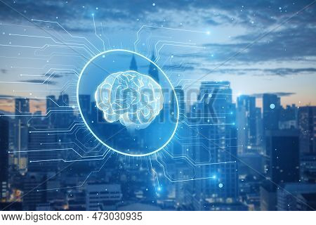 Glowing Circuit Brain Hologram On Blurry City Wallpaper. Neural Network. Iq Testing, Artificial Inte