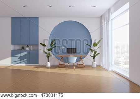 Contemporary Blue Office Interior With Window, City View And Curtains, Furniture And Equipment, Deco